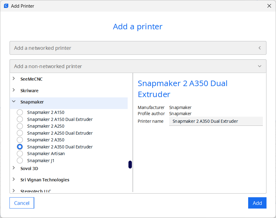 Add Snapmaker J1 printer