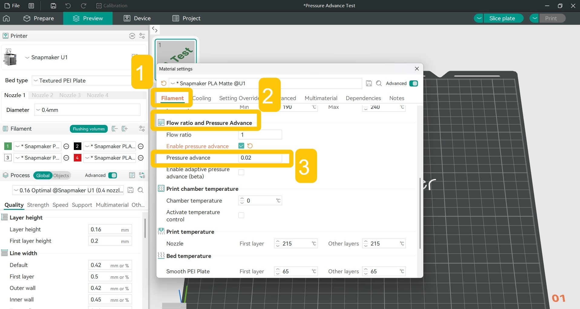 Find Filament > Flow ratio and Pressure Advance > Pressure Advance